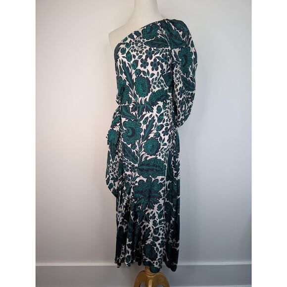 J Crew Collection Dress Womens 6 Green Navy Floral One Shoulder Midi BK996 - Picture 1 of 16
